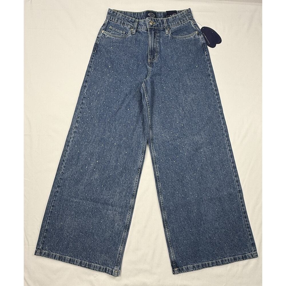 NWT Scoop Women’s Blue Rhinestone Wide Leg Jeans high waist 100% cotton Sz 4